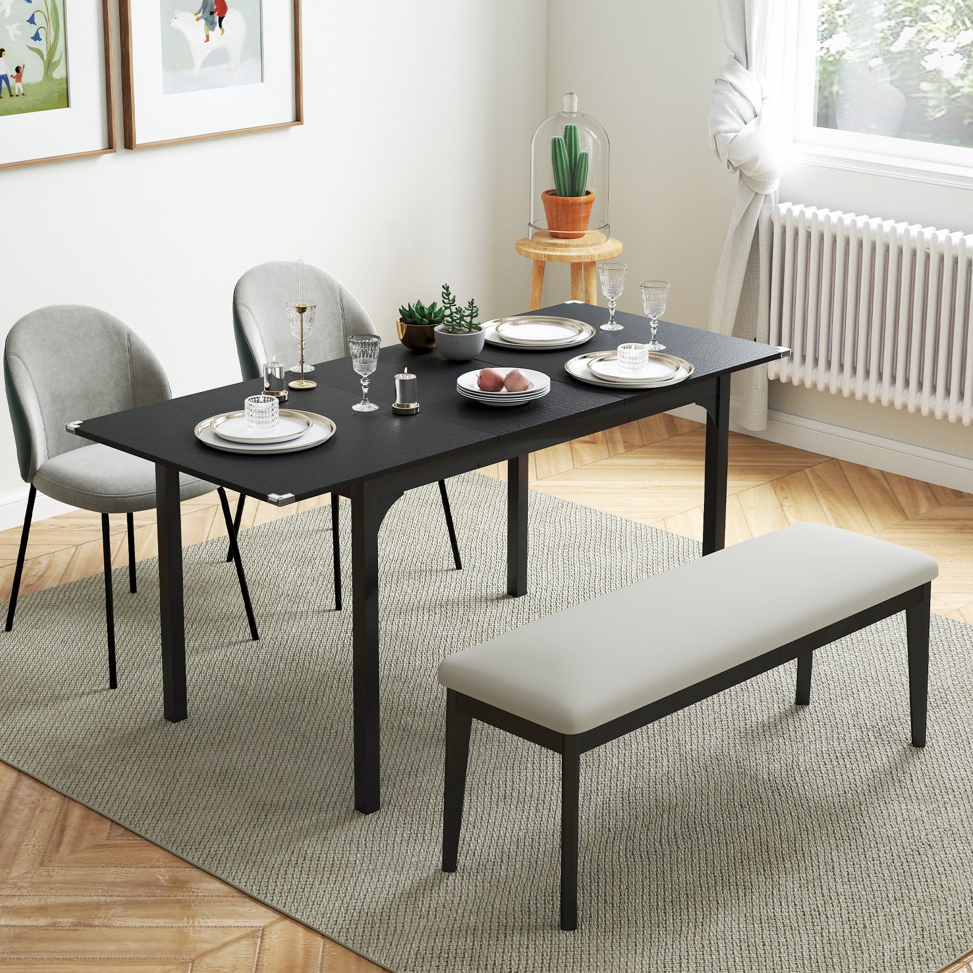 Folding Dining Table, Extendable Rectangular Kitchen Table for 4 to 6 people, Steel Legs, for Small Spaces, Dining Room, Black