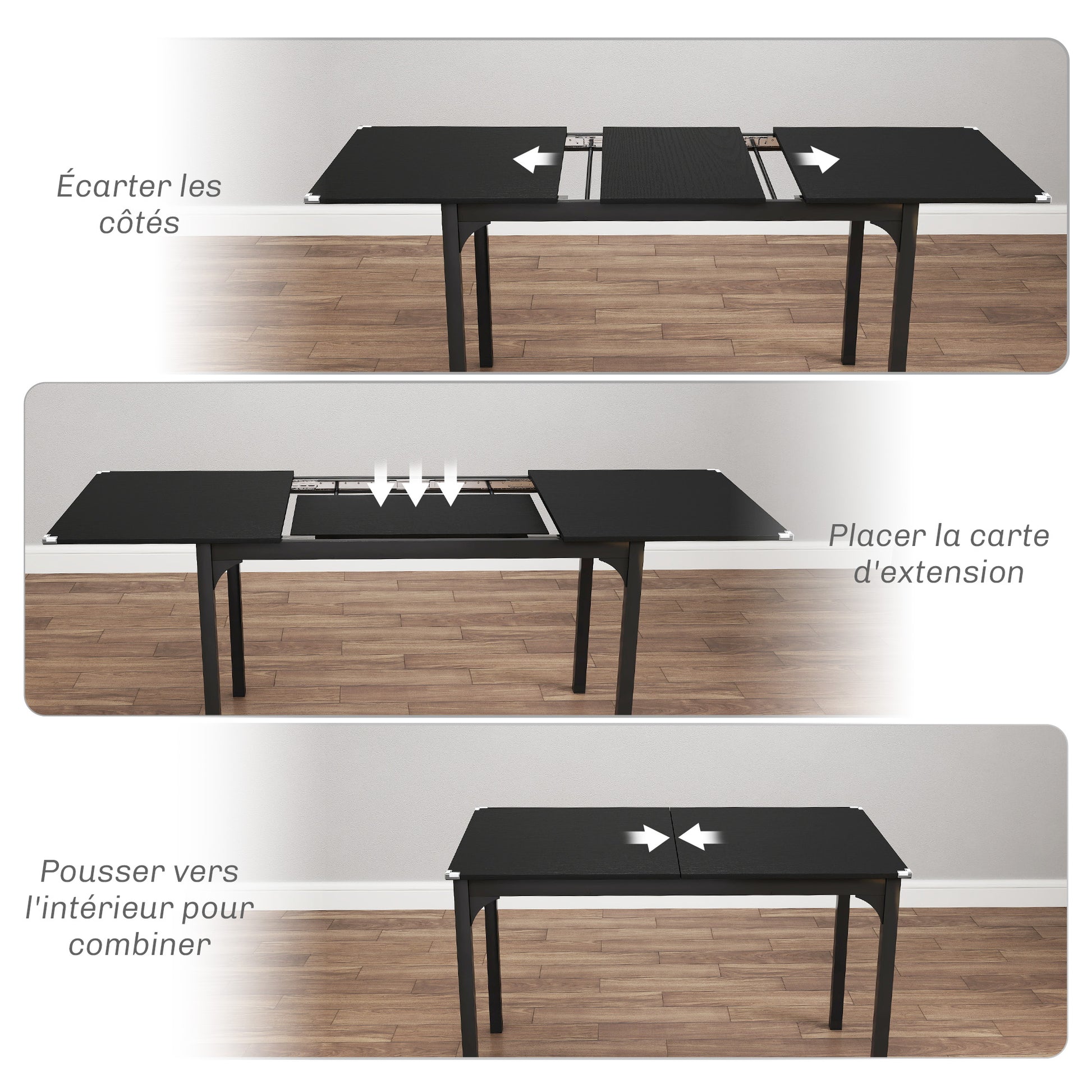 Folding Dining Table, Extendable Rectangular Kitchen Table for 4 to 6 people, Steel Legs, for Small Spaces, Dining Room, Black