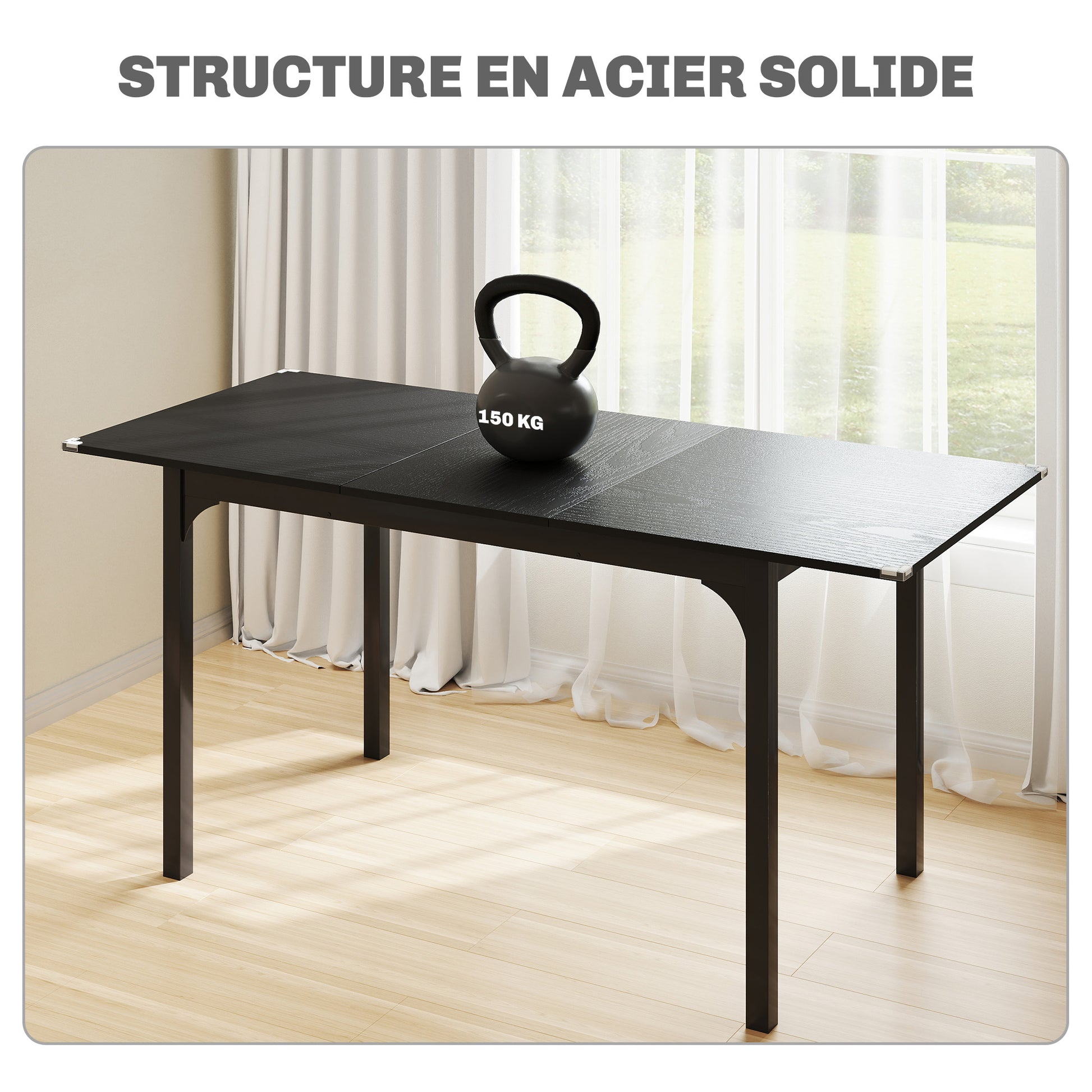 Folding Dining Table, Extendable Rectangular Kitchen Table for 4 to 6 people, Steel Legs, for Small Spaces, Dining Room, Black