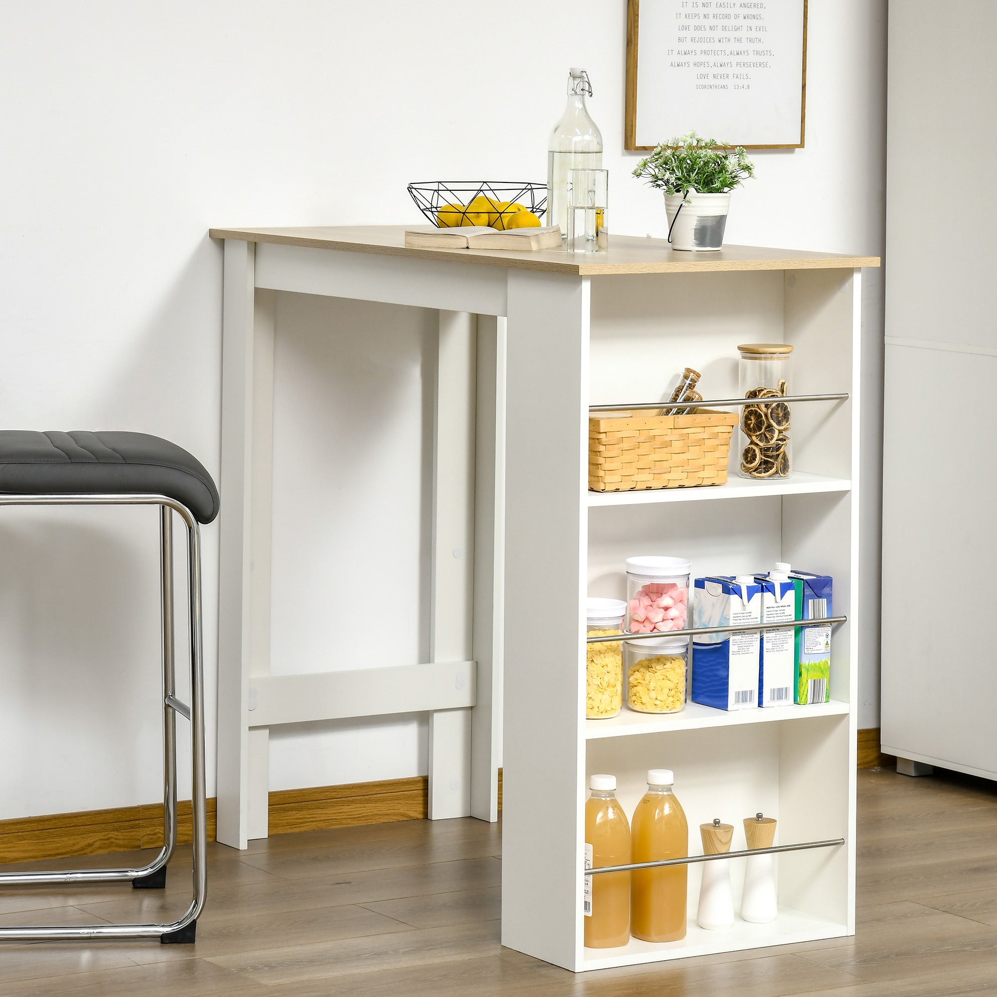 Bar Table Bistro Table Dining Table High Table with 3 Side Shelves and Wooden Structure Load 50 kg 112x57x106 cm White