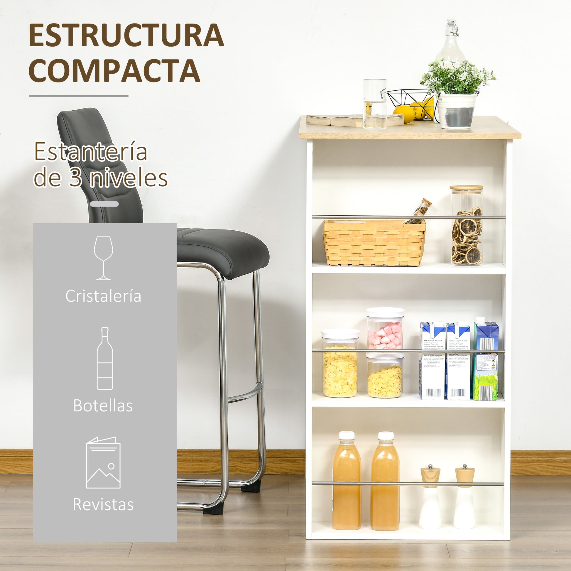Bar Table Bistro Table Dining Table High Table with 3 Side Shelves and Wooden Structure Load 50 kg 112x57x106 cm White