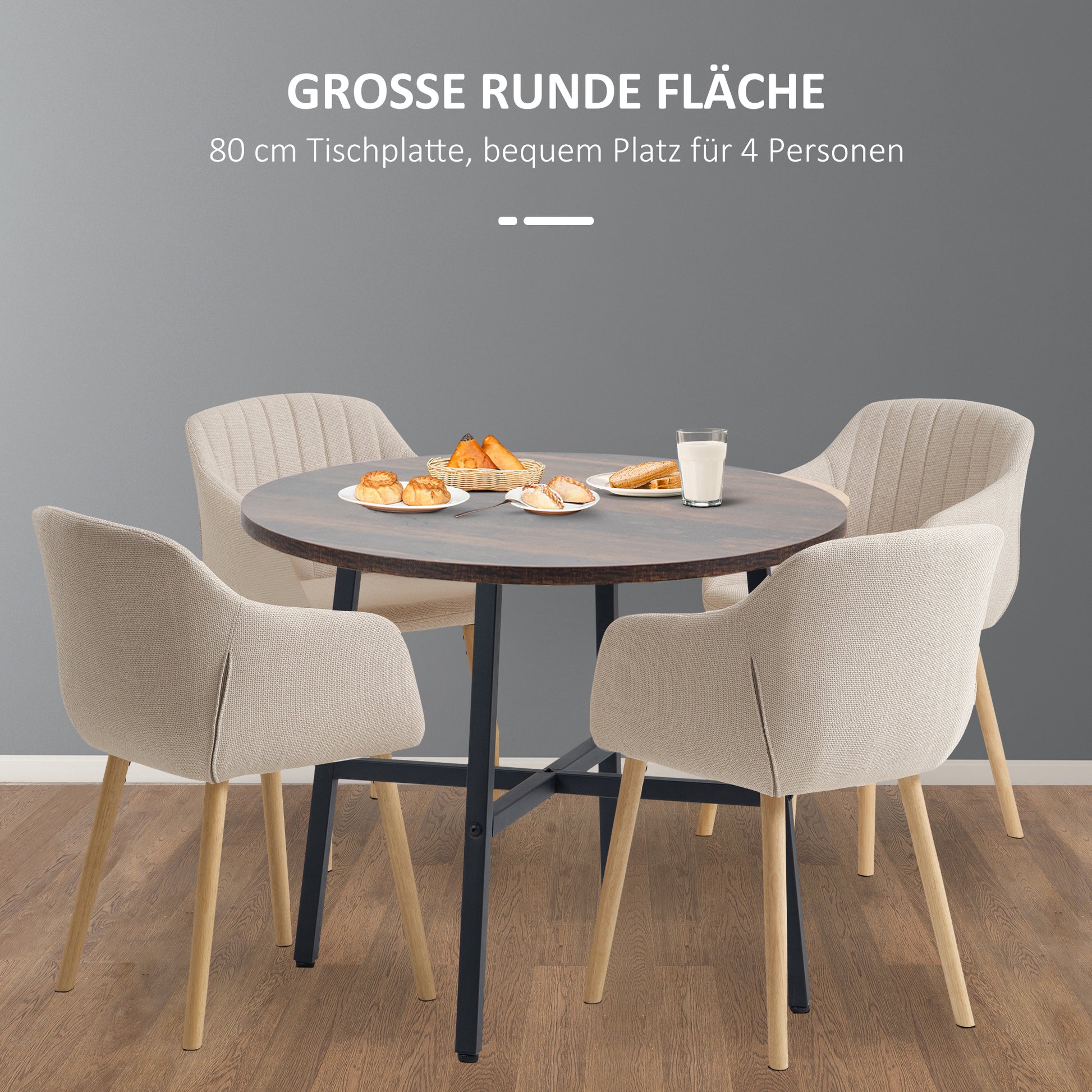 Dining Table Kitchen Table for 4 Persons, Living Room Table in Modern Design for Dining Room, Kitchen, Steel, Brown, 80 x 80 x 76 cm