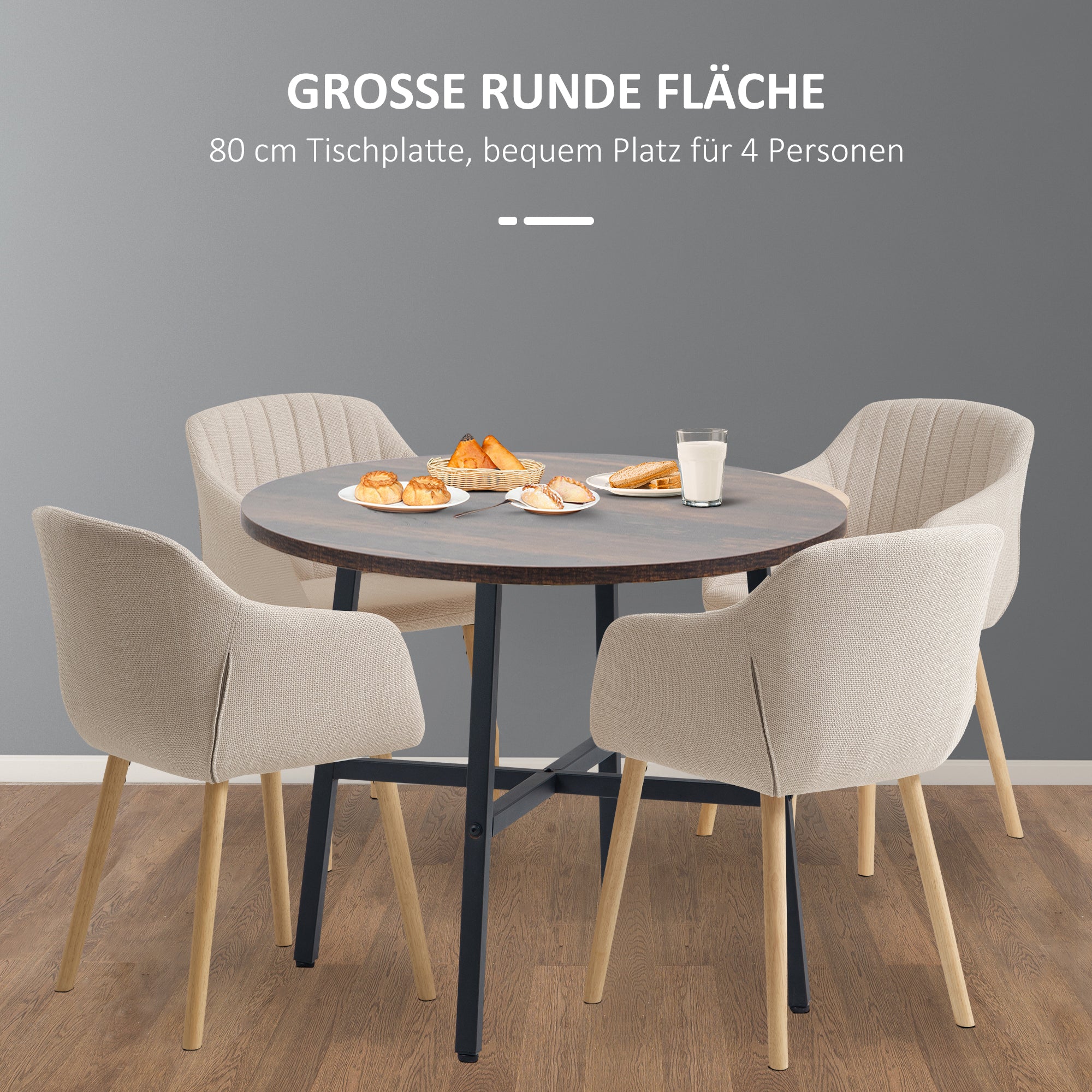 Dining Table Kitchen Table for 4 Persons, Living Room Table in Modern Design for Dining Room, Kitchen, Steel, Brown, 80 x 80 x 76 cm
