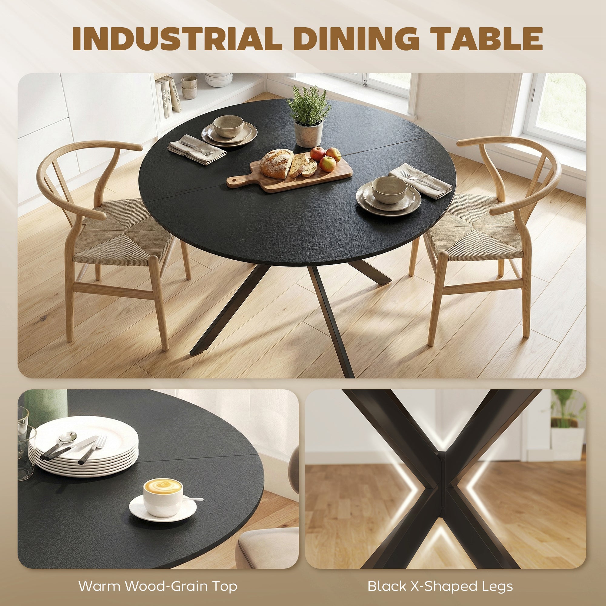 Round Dining Table for 4, 47.2 in Ø Industrial Style with Steel X-Legs, for Dining Room, Kitchen, Home Office, Black