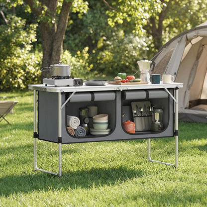 Folding Camping Kitchen Table with Portable Oxford Fabric Cabinet, Aluminum Frame, for Picnic, BBQ & Outdoor Activities, 47.2 x 18.5 x 27.6 in, Silver