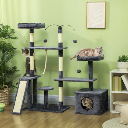 Cat Scratcher Tree 134 cm Cat Tower Scratching Post for Cats with Nests Cave Platforms Toy Balls and Sisal Posts Dark Gray