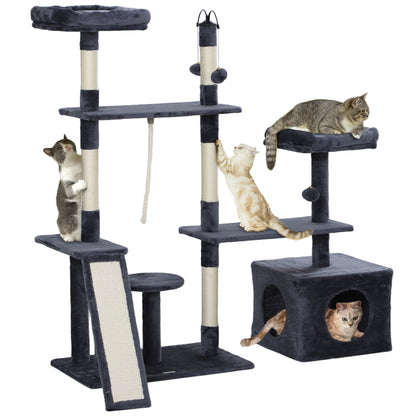 Cat Scratcher Tree 134 cm Cat Tower Scratching Post for Cats with Nests Cave Platforms Toy Balls and Sisal Posts Dark Gray