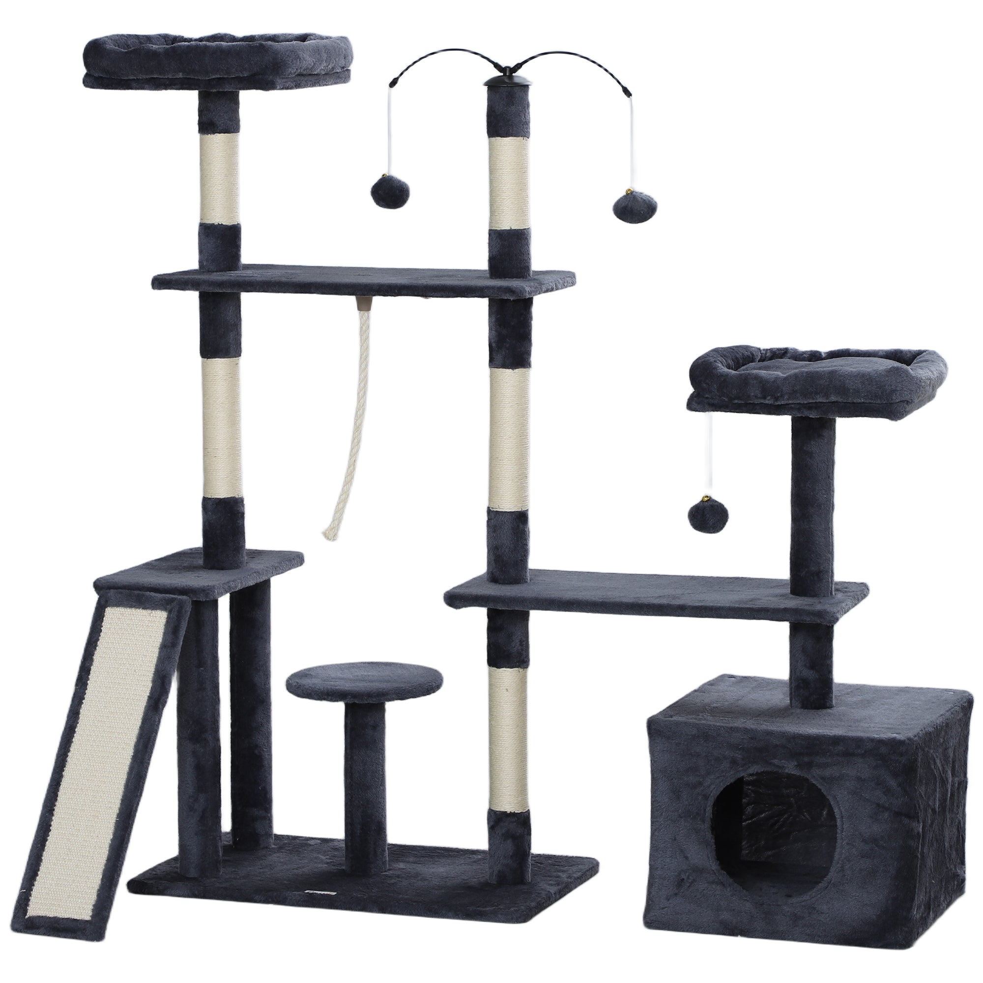 Cat Scratcher Tree 134 cm Cat Tower Scratching Post for Cats with Nests Cave Platforms Toy Balls and Sisal Posts Dark Gray