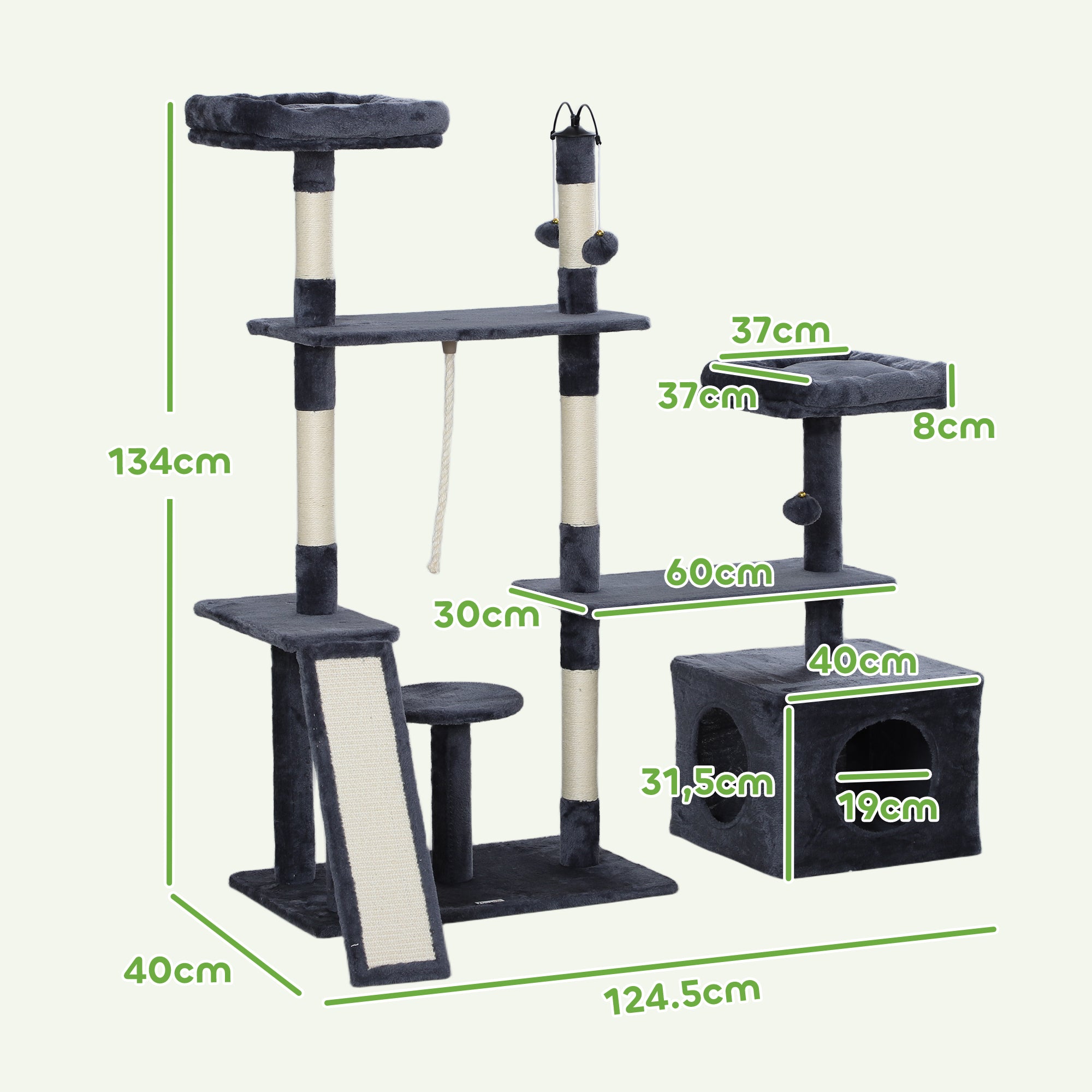 Cat Scratcher Tree 134 cm Cat Tower Scratching Post for Cats with Nests Cave Platforms Toy Balls and Sisal Posts Dark Gray