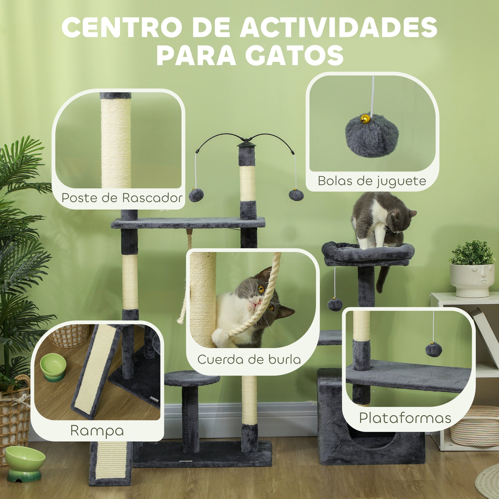 Cat Scratcher Tree 134 cm Cat Tower Scratching Post for Cats with Nests Cave Platforms Toy Balls and Sisal Posts Dark Gray