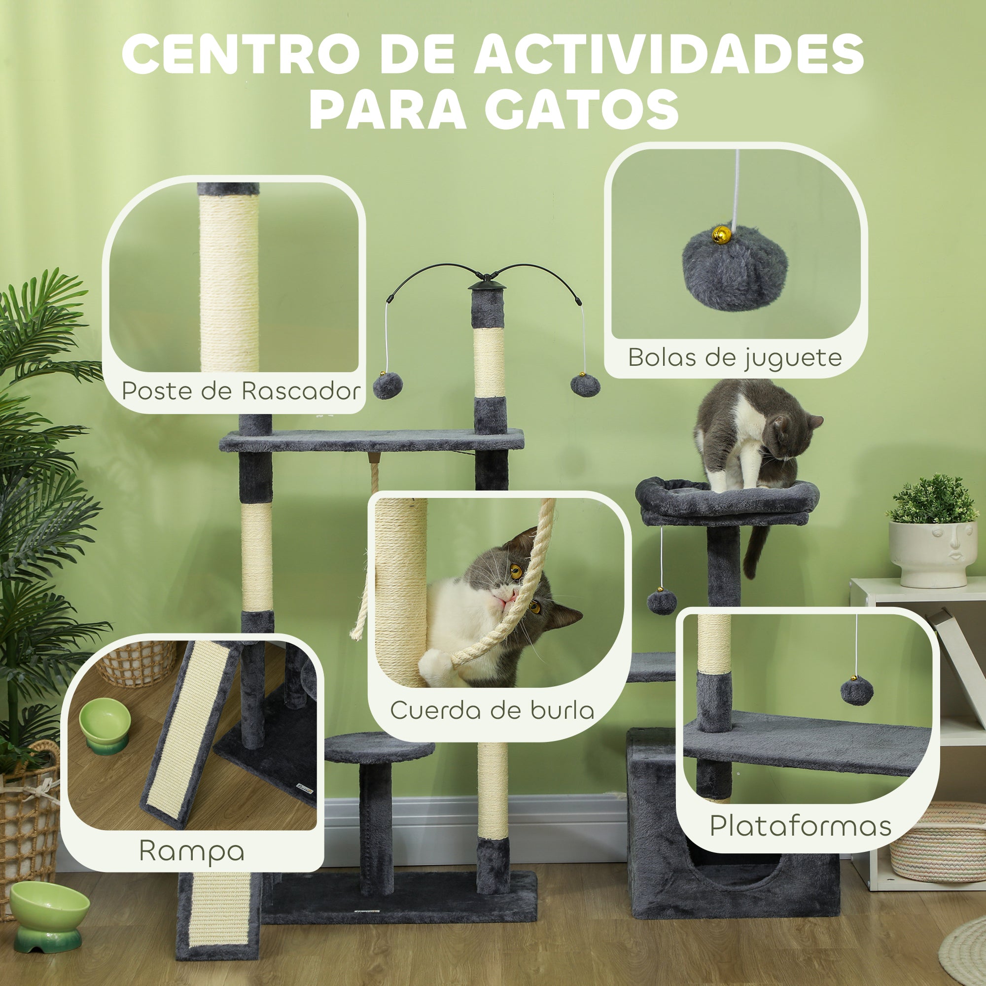 Cat Scratcher Tree 134 cm Cat Tower Scratching Post for Cats with Nests Cave Platforms Toy Balls and Sisal Posts Dark Gray