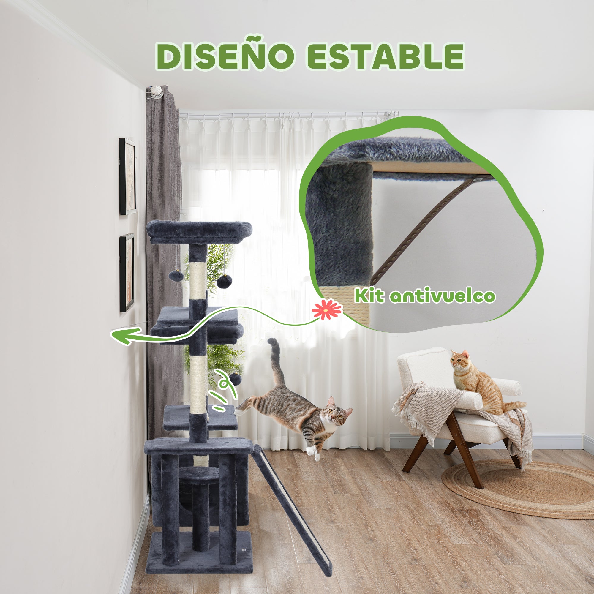Cat Scratcher Tree 134 cm Cat Tower Scratching Post for Cats with Nests Cave Platforms Toy Balls and Sisal Posts Dark Gray