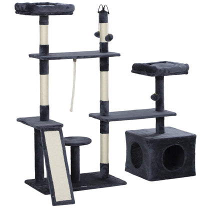 Cat Scratcher Tree 134 cm Cat Tower Scratching Post for Cats with Nests Cave Platforms Toy Balls and Sisal Posts Dark Gray