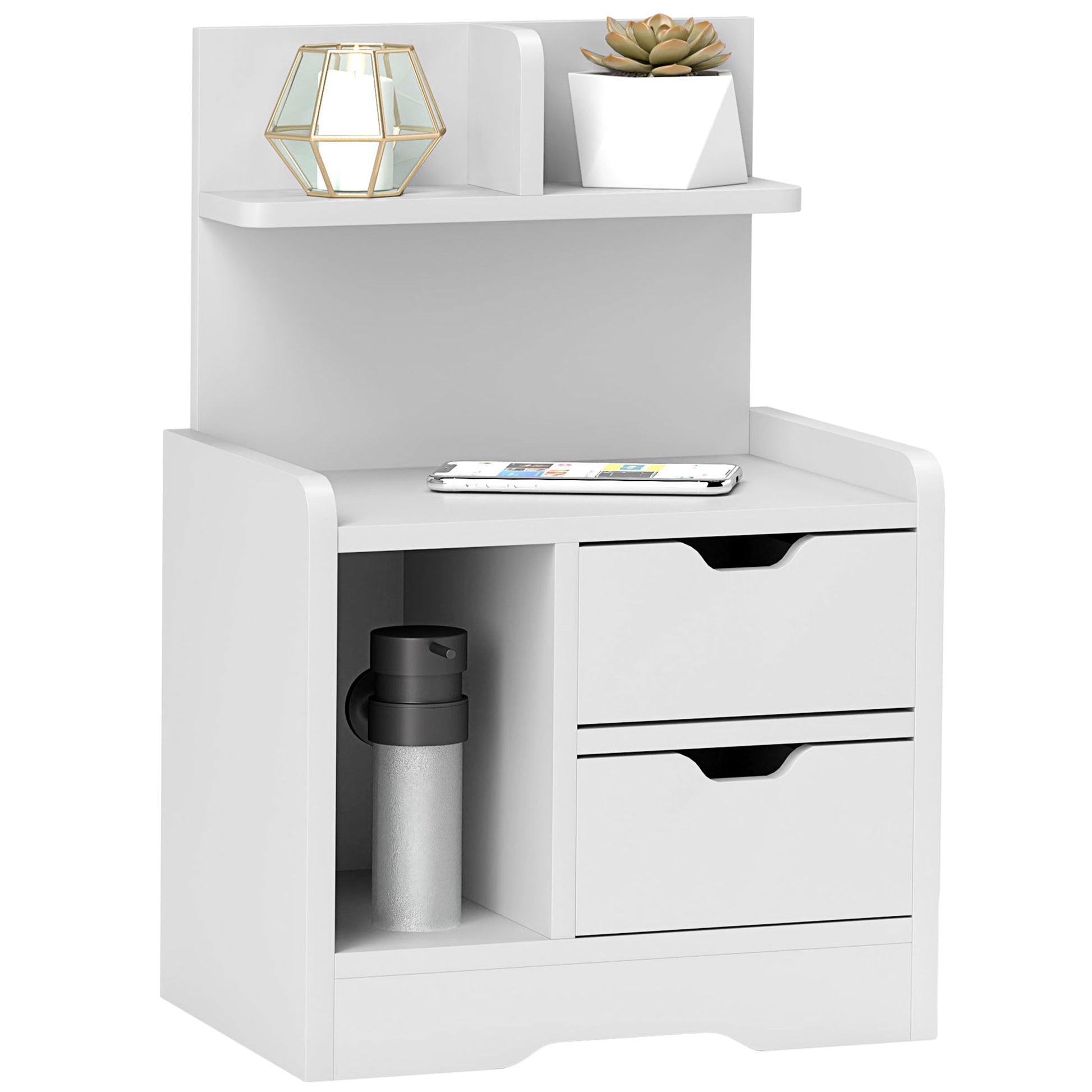 bedside table, side table with 2 drawers, open compartment, nightstand, bedside cabinet for bedroom, living room, White, 40 x 30 x 60 cm