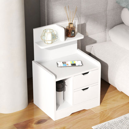 bedside table, side table with 2 drawers, open compartment, nightstand, bedside cabinet for bedroom, living room, White, 40 x 30 x 60 cm