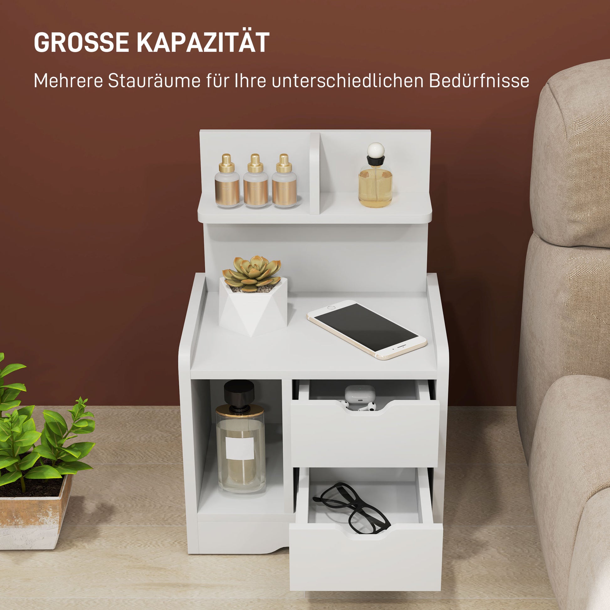 bedside table, side table with 2 drawers, open compartment, nightstand, bedside cabinet for bedroom, living room, White, 40 x 30 x 60 cm