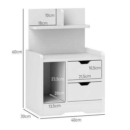 bedside table, side table with 2 drawers, open compartment, nightstand, bedside cabinet for bedroom, living room, White, 40 x 30 x 60 cm