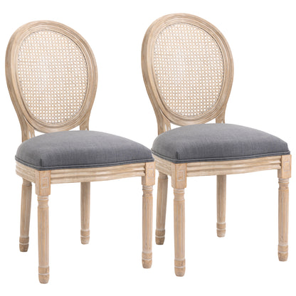 Dining Chairs 2-Piece Set Kitchen Chair with Rattan Backrest, Linen Look, Upholstered Chair in French Style, for Living Room, Dining Room, Gray