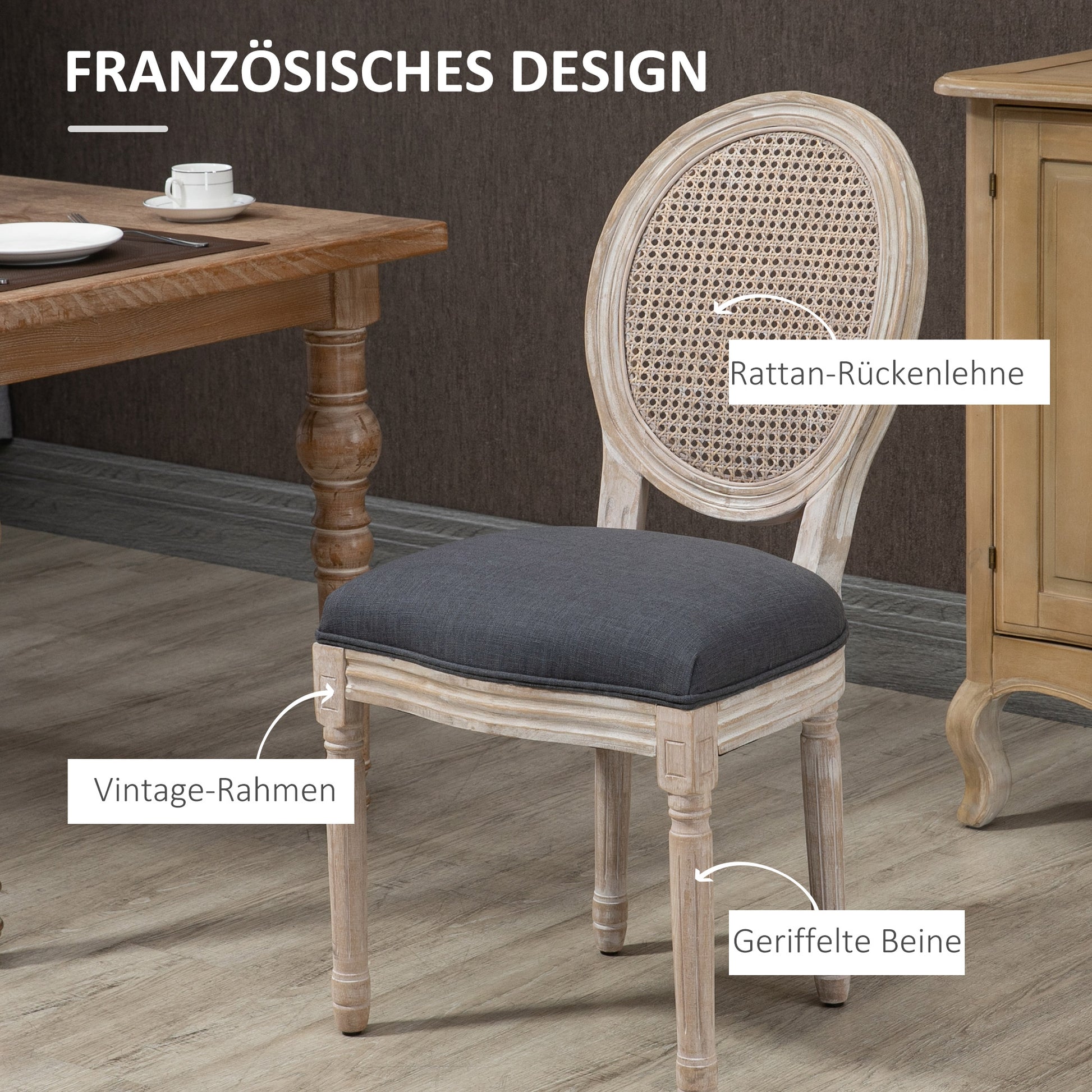 Dining Chairs 2-Piece Set Kitchen Chair with Rattan Backrest, Linen Look, Upholstered Chair in French Style, for Living Room, Dining Room, Gray
