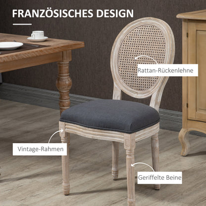 Dining Chairs 2-Piece Set Kitchen Chair with Rattan Backrest, Linen Look, Upholstered Chair in French Style, for Living Room, Dining Room, Gray