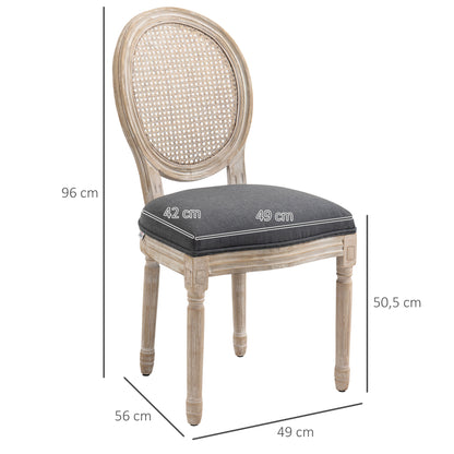 Dining Chairs 2-Piece Set Kitchen Chair with Rattan Backrest, Linen Look, Upholstered Chair in French Style, for Living Room, Dining Room, Gray