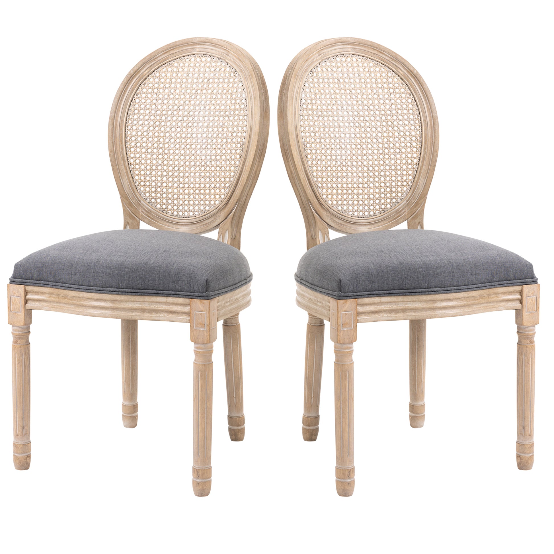 Dining Chairs 2-Piece Set Kitchen Chair with Rattan Backrest, Linen Look, Upholstered Chair in French Style, for Living Room, Dining Room, Gray