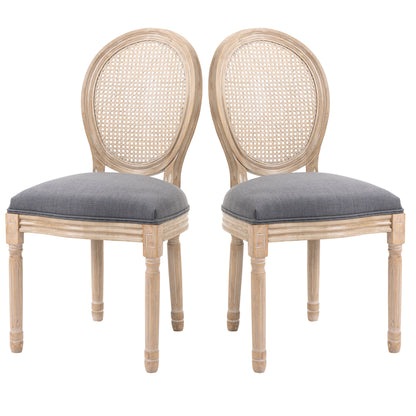 Dining Chairs 2-Piece Set Kitchen Chair with Rattan Backrest, Linen Look, Upholstered Chair in French Style, for Living Room, Dining Room, Gray