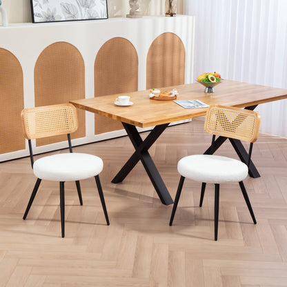 Set of 2 dining chairs kitchen bohemian chair with rattan backrest, padded seat and metal legs for living room, dining room, bedroom, white