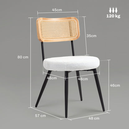 Set of 2 dining chairs kitchen bohemian chair with rattan backrest, padded seat and metal legs for living room, dining room, bedroom, white