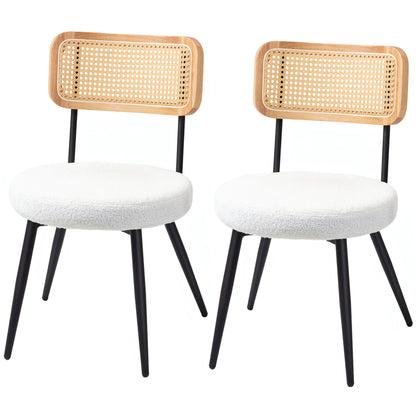 Set of 2 dining chairs kitchen bohemian chair with rattan backrest, padded seat and metal legs for living room, dining room, bedroom, white