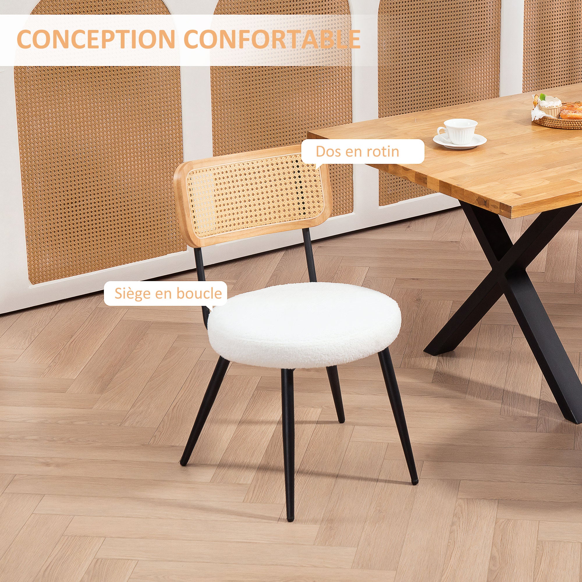 Set of 2 dining chairs kitchen bohemian chair with rattan backrest, padded seat and metal legs for living room, dining room, bedroom, white