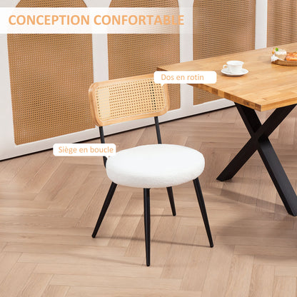 Set of 2 dining chairs kitchen bohemian chair with rattan backrest, padded seat and metal legs for living room, dining room, bedroom, white