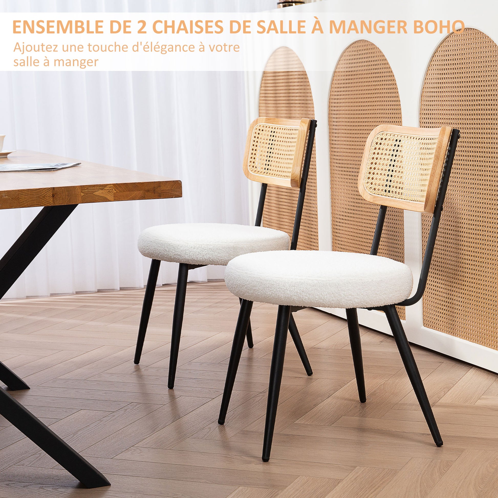 Set of 2 dining chairs kitchen bohemian chair with rattan backrest, padded seat and metal legs for living room, dining room, bedroom, white