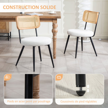 Set of 2 dining chairs kitchen bohemian chair with rattan backrest, padded seat and metal legs for living room, dining room, bedroom, white