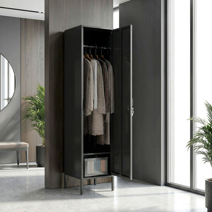 Steel Locker with Lock, Hanging Rail, Label Holder & Ventilated Door, 15.7 x 15.7 x 70.5 in, Black