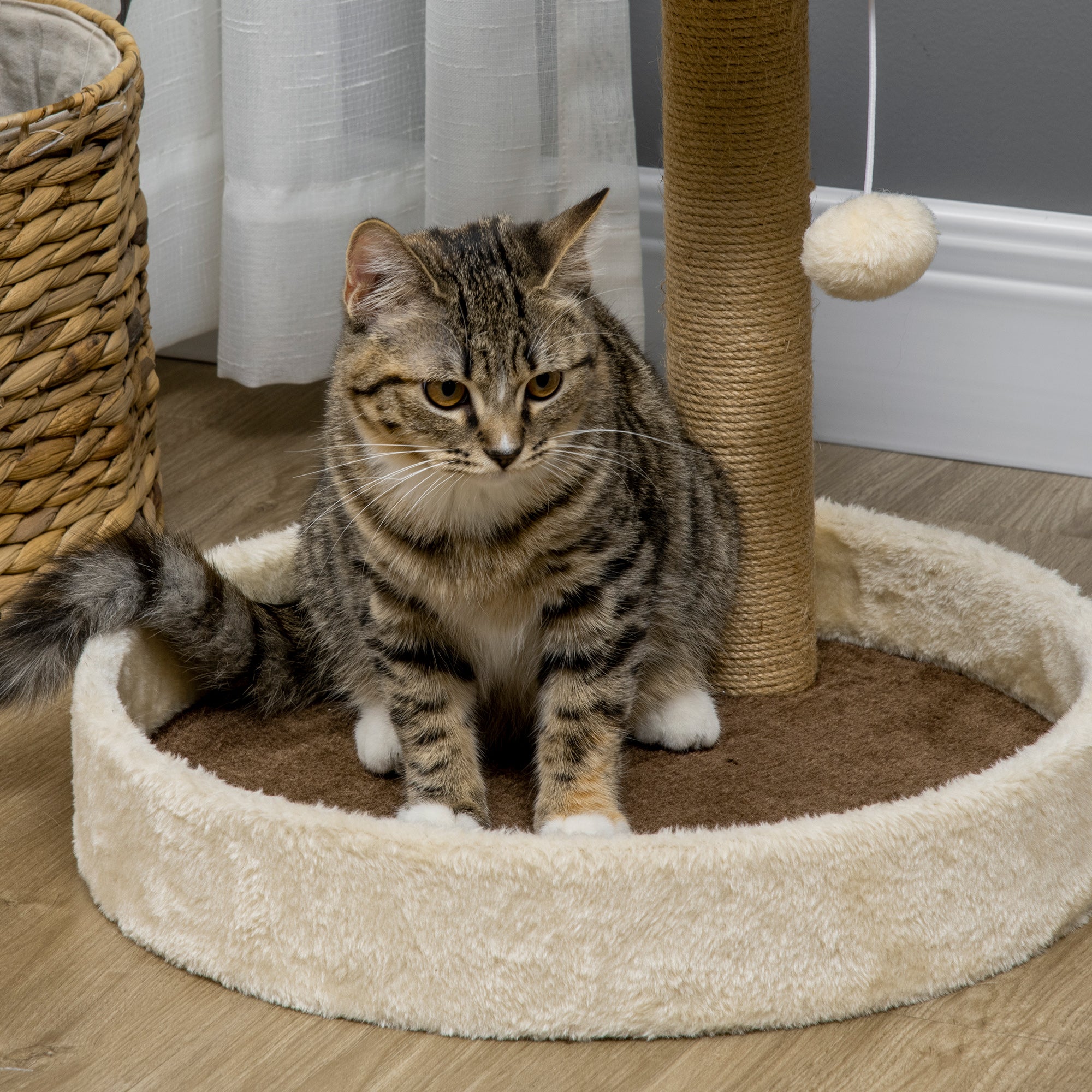 Cat Scratching Post Tree Claw Scratcher in Paw Shape with 2 Platforms and a Hanging Plush Pompon - Brown