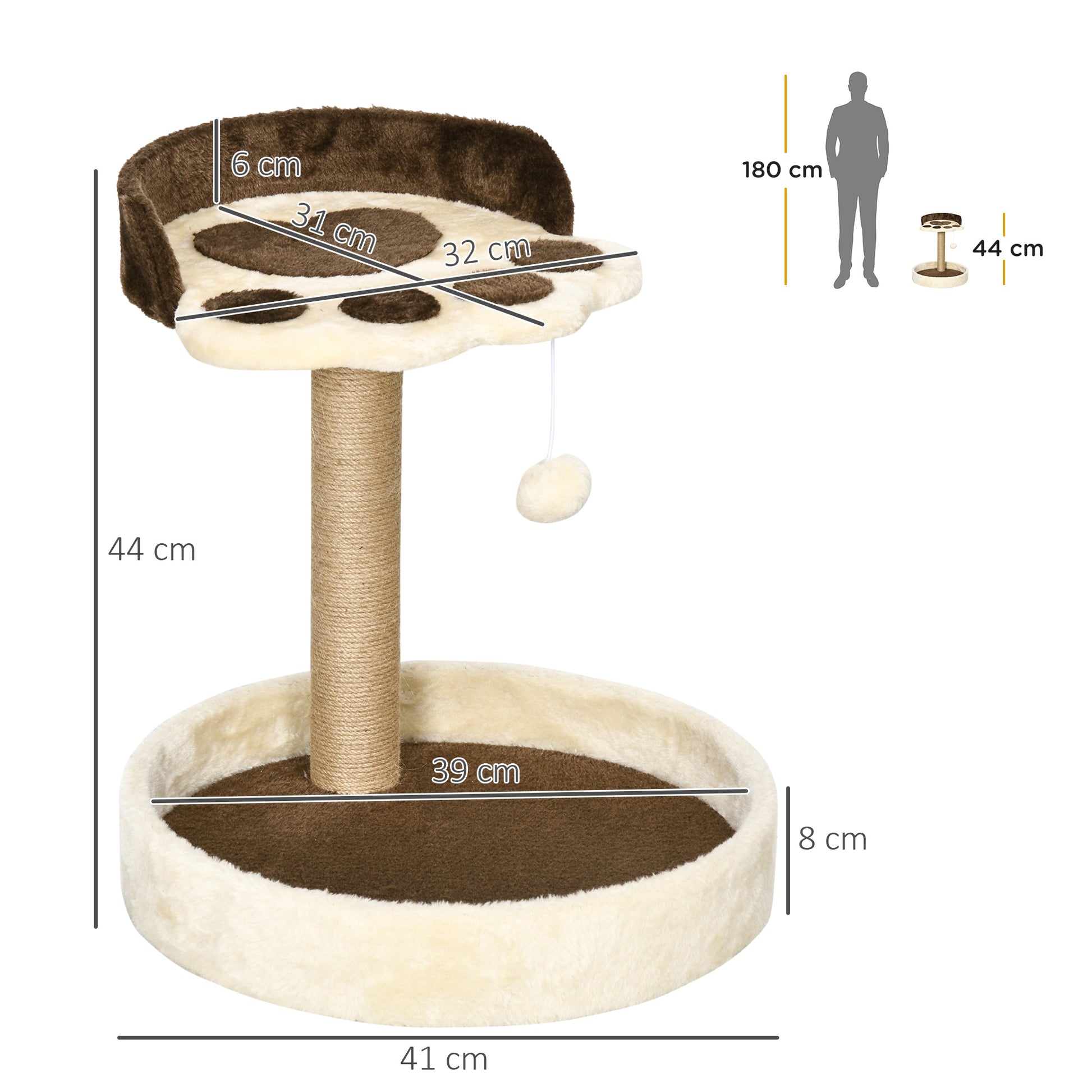 Cat Scratching Post Tree Claw Scratcher in Paw Shape with 2 Platforms and a Hanging Plush Pompon - Brown