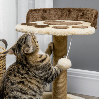 Cat Scratching Post Tree Claw Scratcher in Paw Shape with 2 Platforms and a Hanging Plush Pompon - Brown