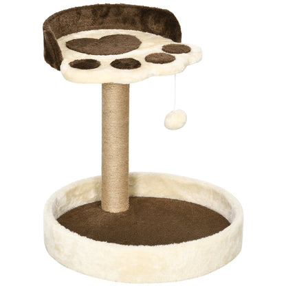 Cat Scratching Post Tree Claw Scratcher in Paw Shape with 2 Platforms and a Hanging Plush Pompon - Brown