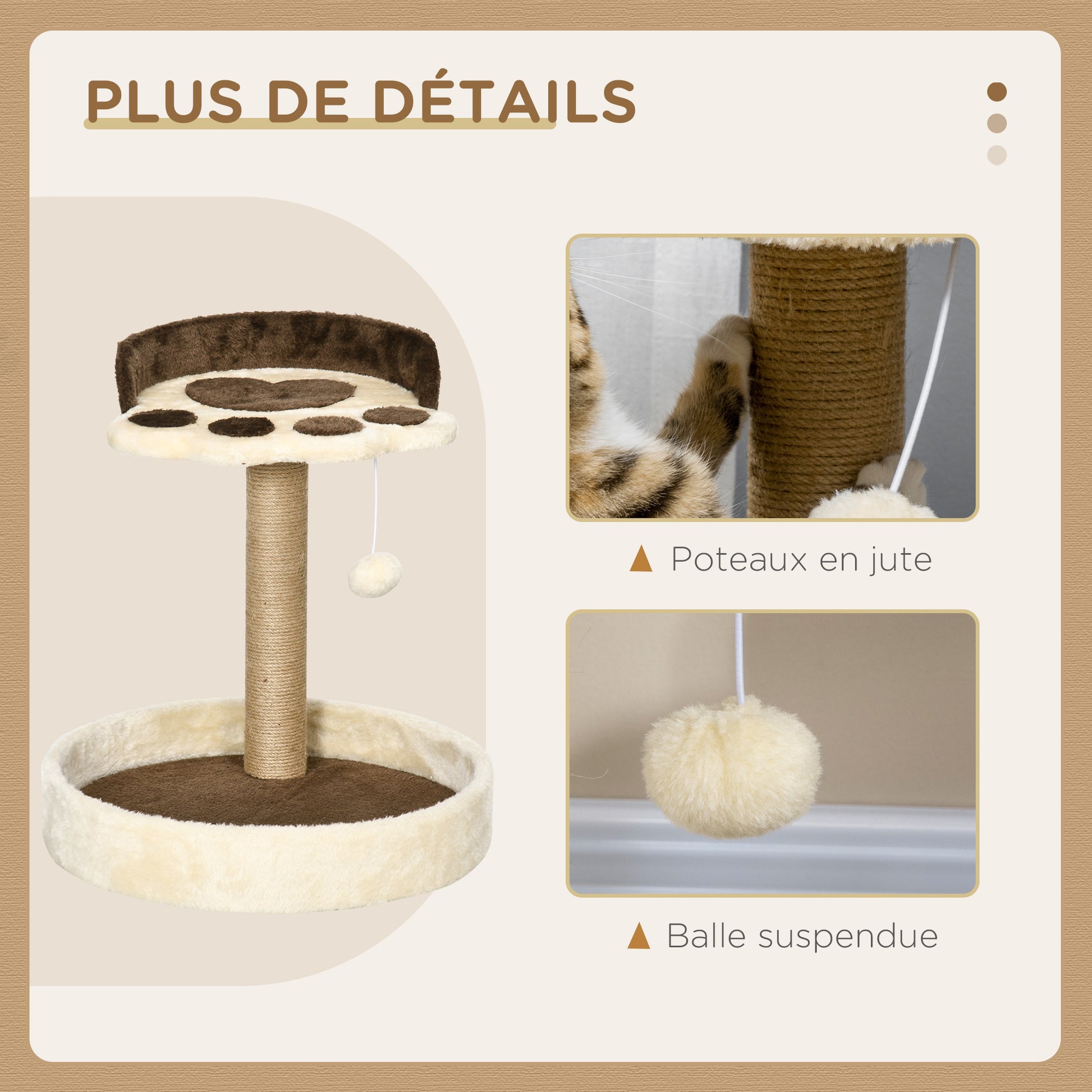 Cat Scratching Post Tree Claw Scratcher in Paw Shape with 2 Platforms and a Hanging Plush Pompon - Brown