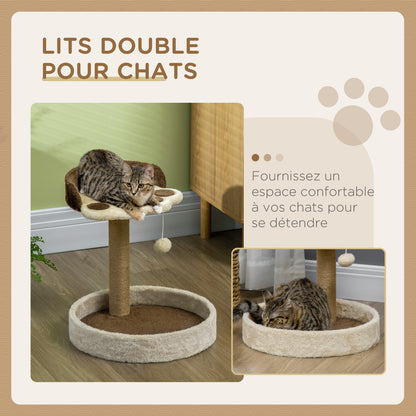 Cat Scratching Post Tree Claw Scratcher in Paw Shape with 2 Platforms and a Hanging Plush Pompon - Brown