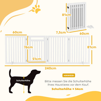Freestanding Dog Barrier with Feet 240 x 81 cm Wooden Pet Gate Stair Barrier Door Protection Gate Stair Gate for Stairs, Doors, Kitchen, Hallway, 4 Panels, White