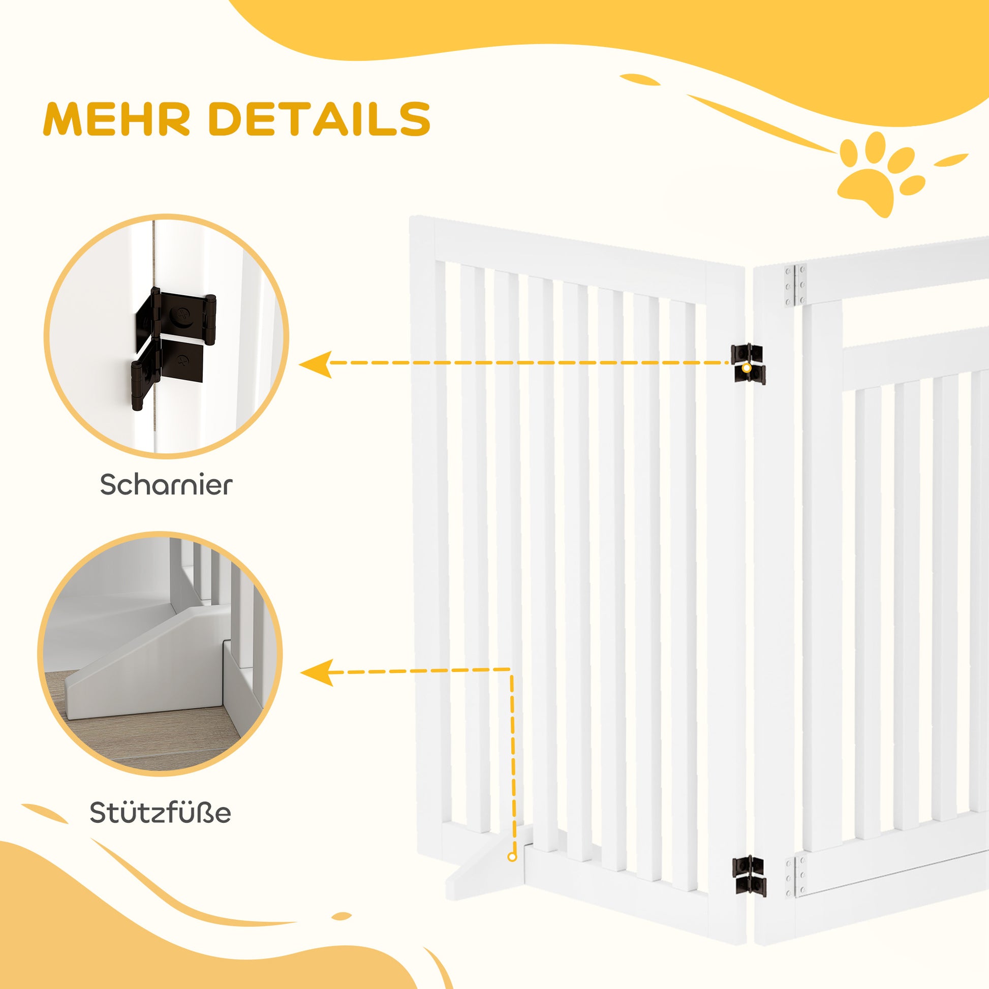 Freestanding Dog Barrier with Feet 240 x 81 cm Wooden Pet Gate Stair Barrier Door Protection Gate Stair Gate for Stairs, Doors, Kitchen, Hallway, 4 Panels, White