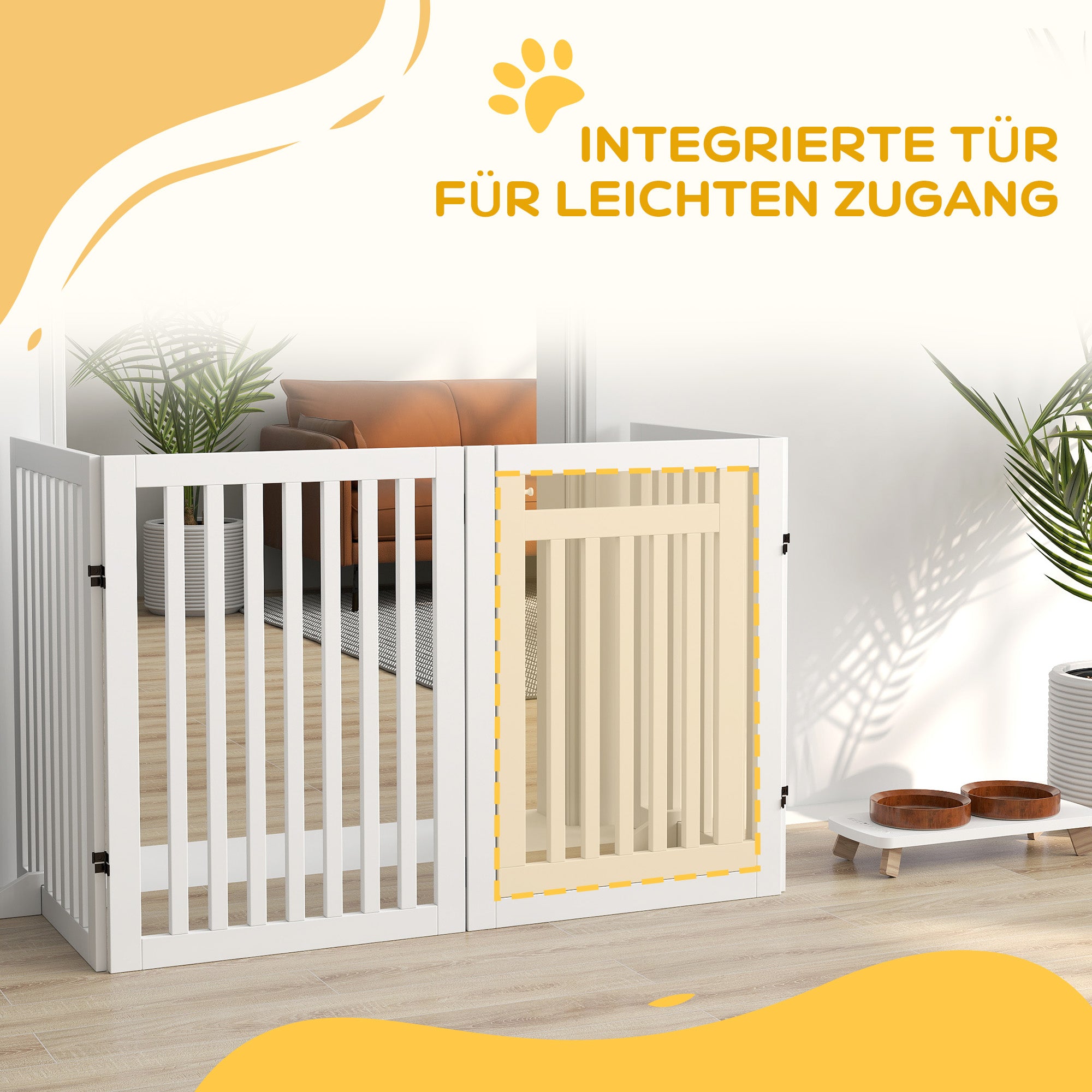 Freestanding Dog Barrier with Feet 240 x 81 cm Wooden Pet Gate Stair Barrier Door Protection Gate Stair Gate for Stairs, Doors, Kitchen, Hallway, 4 Panels, White