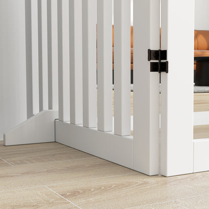 Freestanding Dog Barrier with Feet 240 x 81 cm Wooden Pet Gate Stair Barrier Door Protection Gate Stair Gate for Stairs, Doors, Kitchen, Hallway, 4 Panels, White