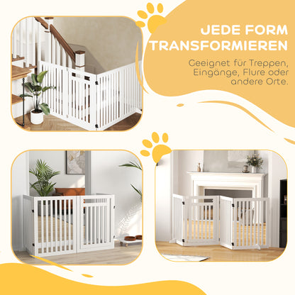 Freestanding Dog Barrier with Feet 240 x 81 cm Wooden Pet Gate Stair Barrier Door Protection Gate Stair Gate for Stairs, Doors, Kitchen, Hallway, 4 Panels, White