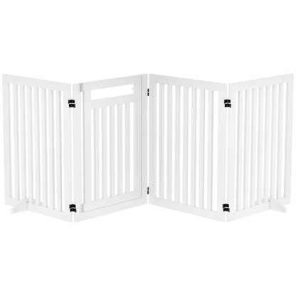 Freestanding Dog Barrier with Feet 240 x 81 cm Wooden Pet Gate Stair Barrier Door Protection Gate Stair Gate for Stairs, Doors, Kitchen, Hallway, 4 Panels, White
