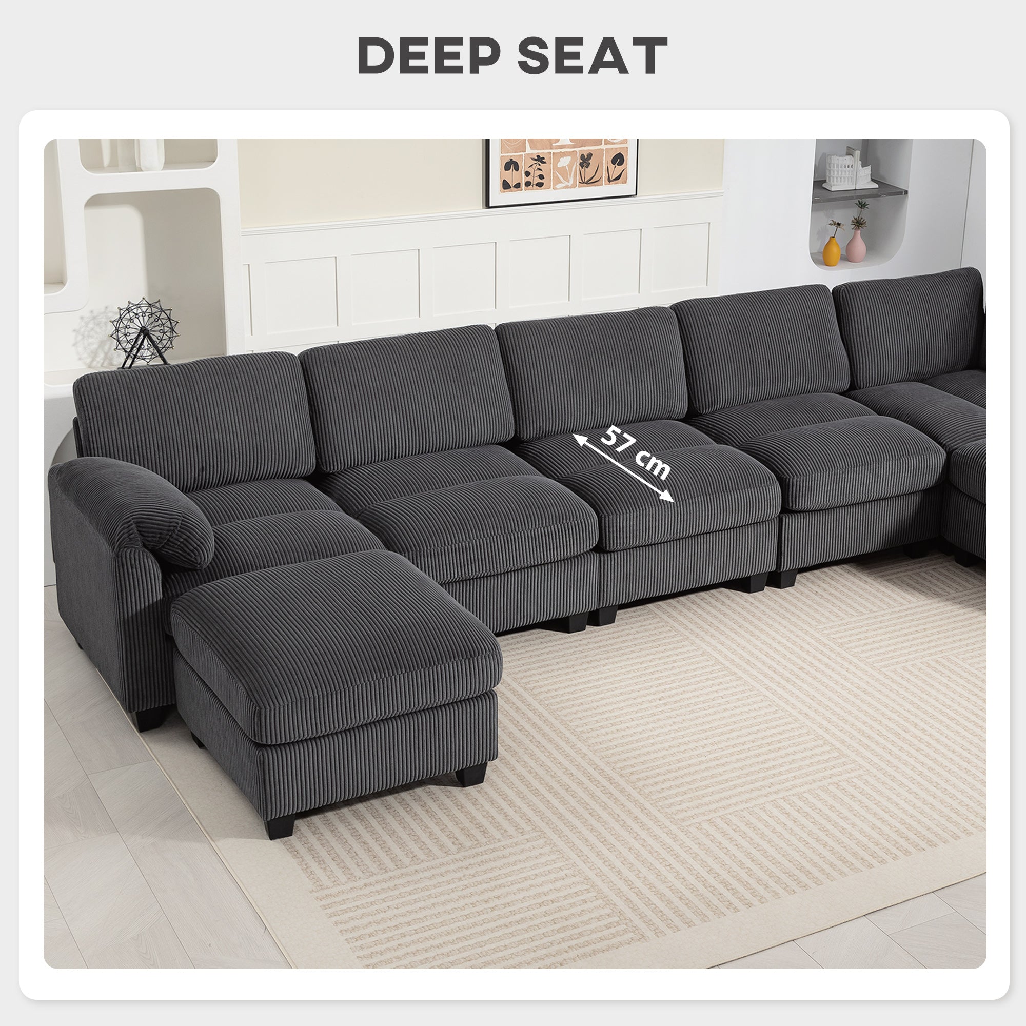 U-Shaped Corner Sofa, 292 x 224 cm (115" x 88") Sectional — Cord Fabric, Pocket-Sprung Cushions, Thick Padded Arms, Removable Ottoman, Sleeper Sofa, Dark Gray