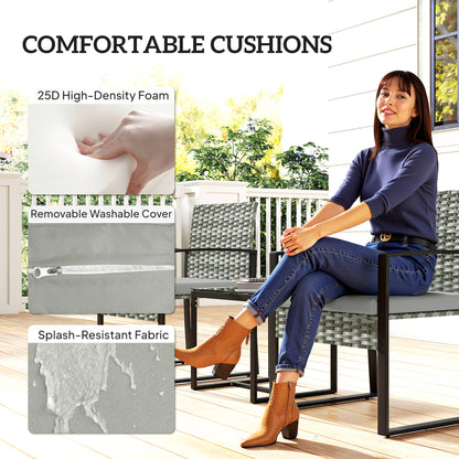 PE Rattan Bistro Set, 3-Piece Garden Set with 2 Chairs, Side Table, Removable Cushions, Balcony/Patio, Light Gray