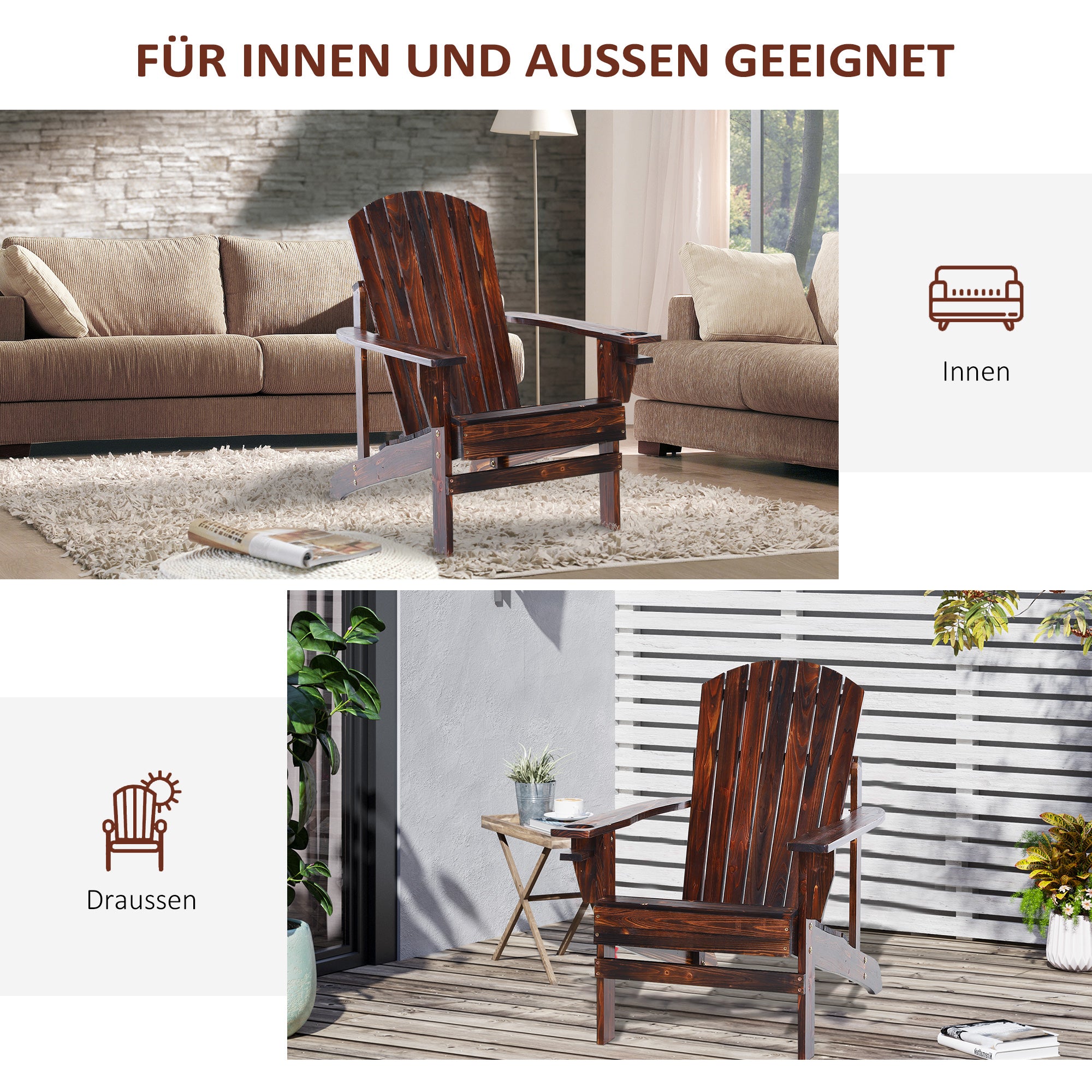 Adirondack Garden Chair with Cup Holder Garden Lounger Balcony Chair Solid Wood Charcoal 72.5 x 97 x 93 cm